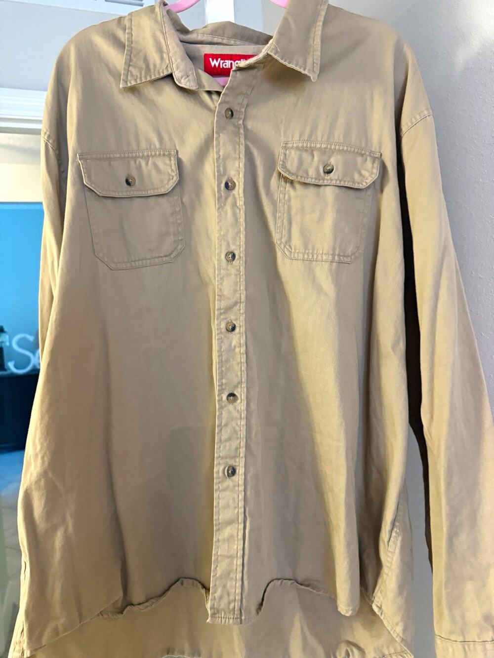 Wrangler Big & Tall 3XL Beige Solid Cotton Canvas Button-Up Shirt Pockets